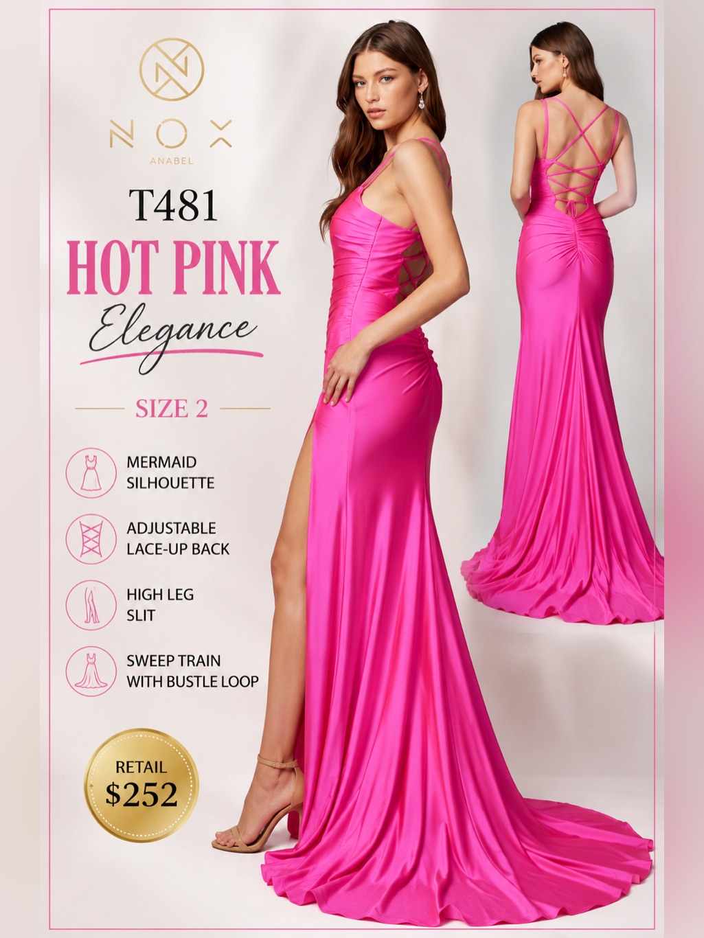 Nox Anabel T481 Hot Pink Chiffon Prom Gown Size 2 Lace Up Mermaid Formal Dress